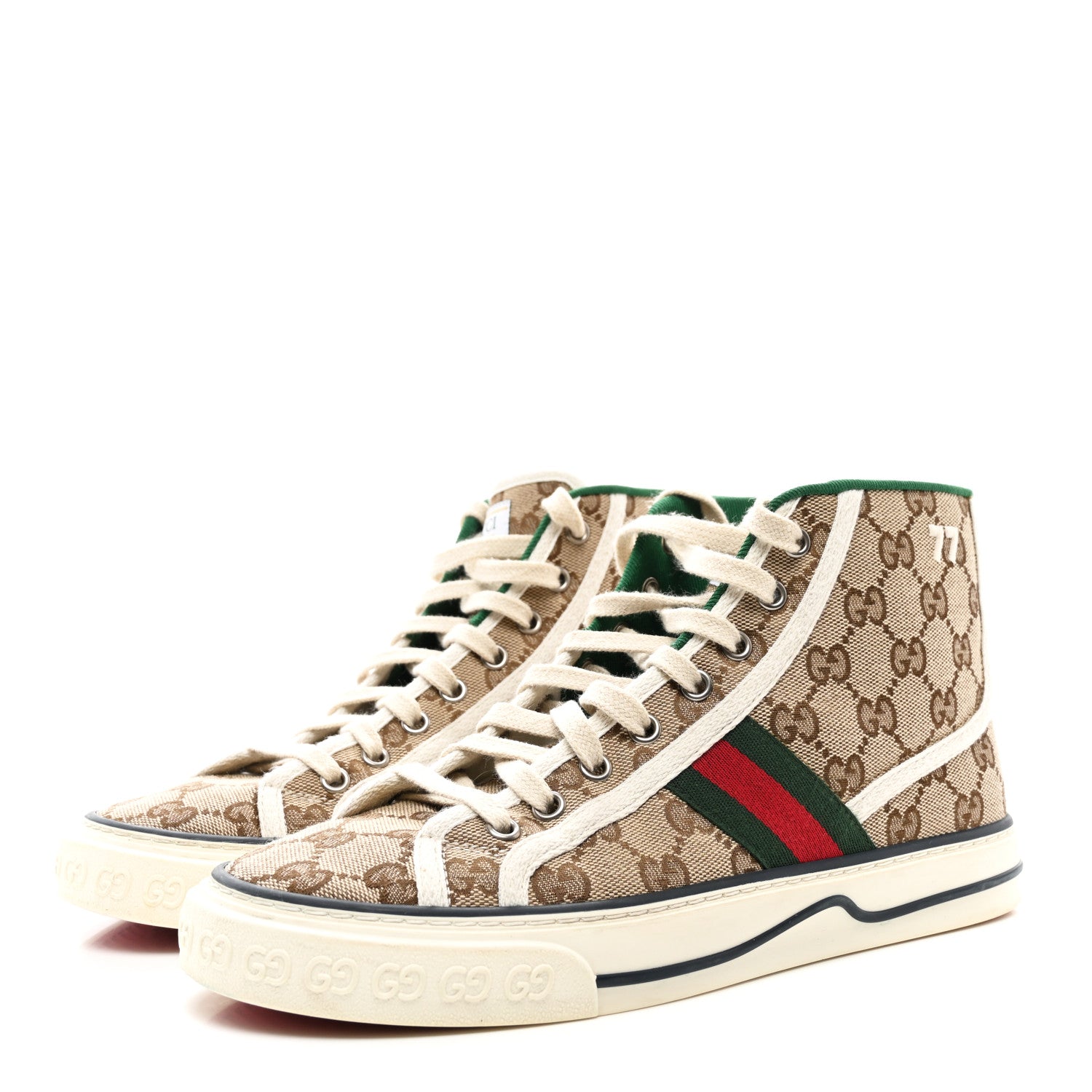 Gucci GG Monogram Web Womens 1977 Tennis High Top Sneakers 38 Beige Ebony Mystic White 3 of 7