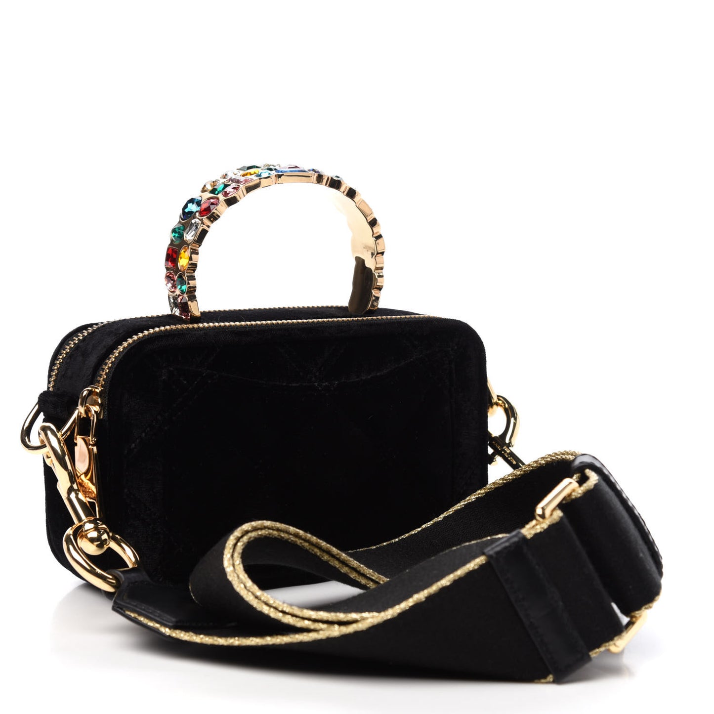 Velvet Quilted Jewel Top Handle Snapshot Crossbody Bag Black