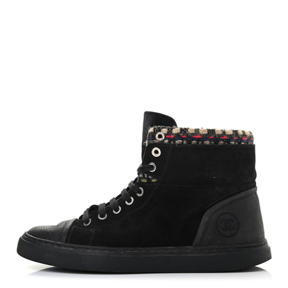 Chanel Suede Calfskin Goatskin Tweed High Top Sneakers 37 Black 1 of 13