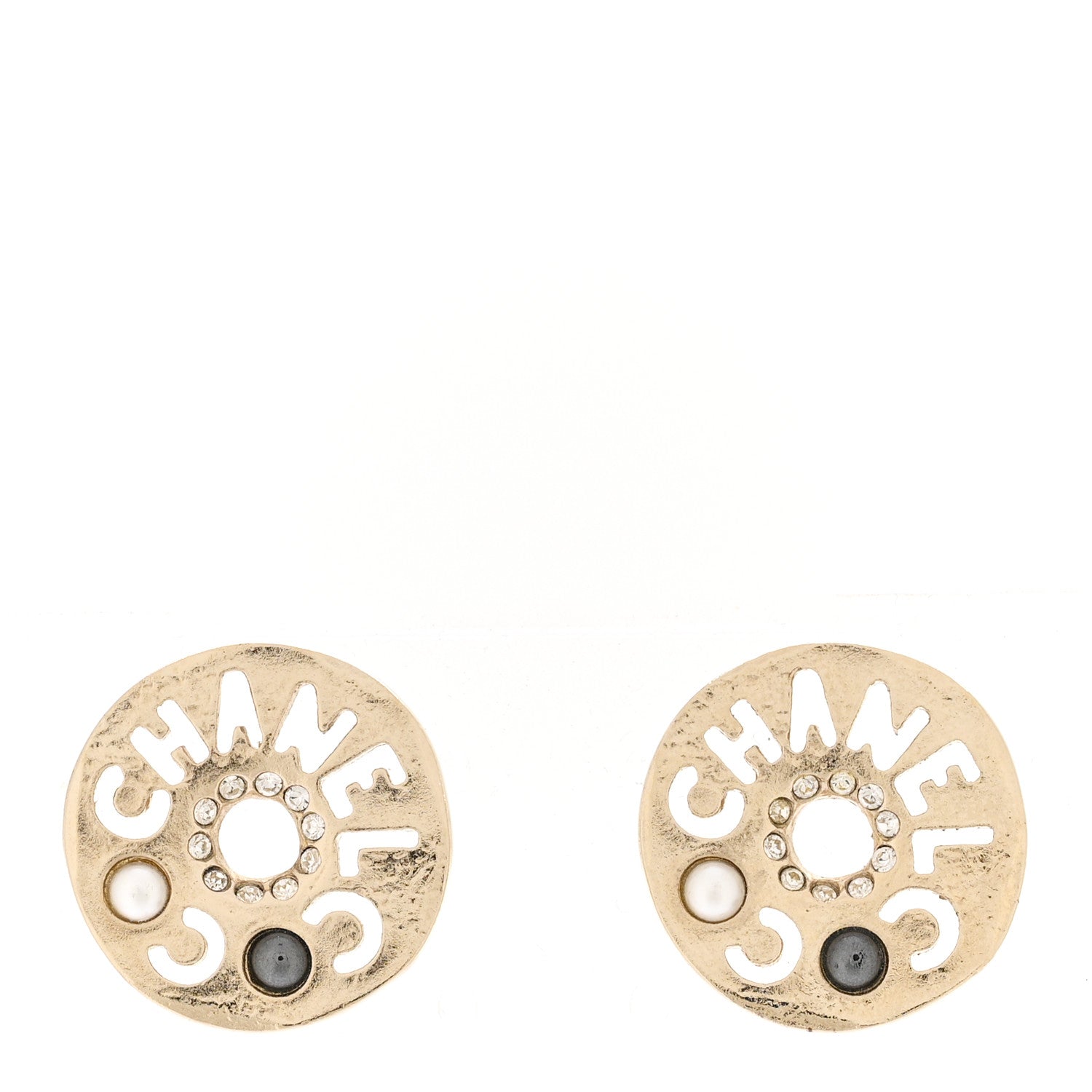 Chanel Crystal Pearl Papyrus Stud Earrings Gold Grey 1 of 4