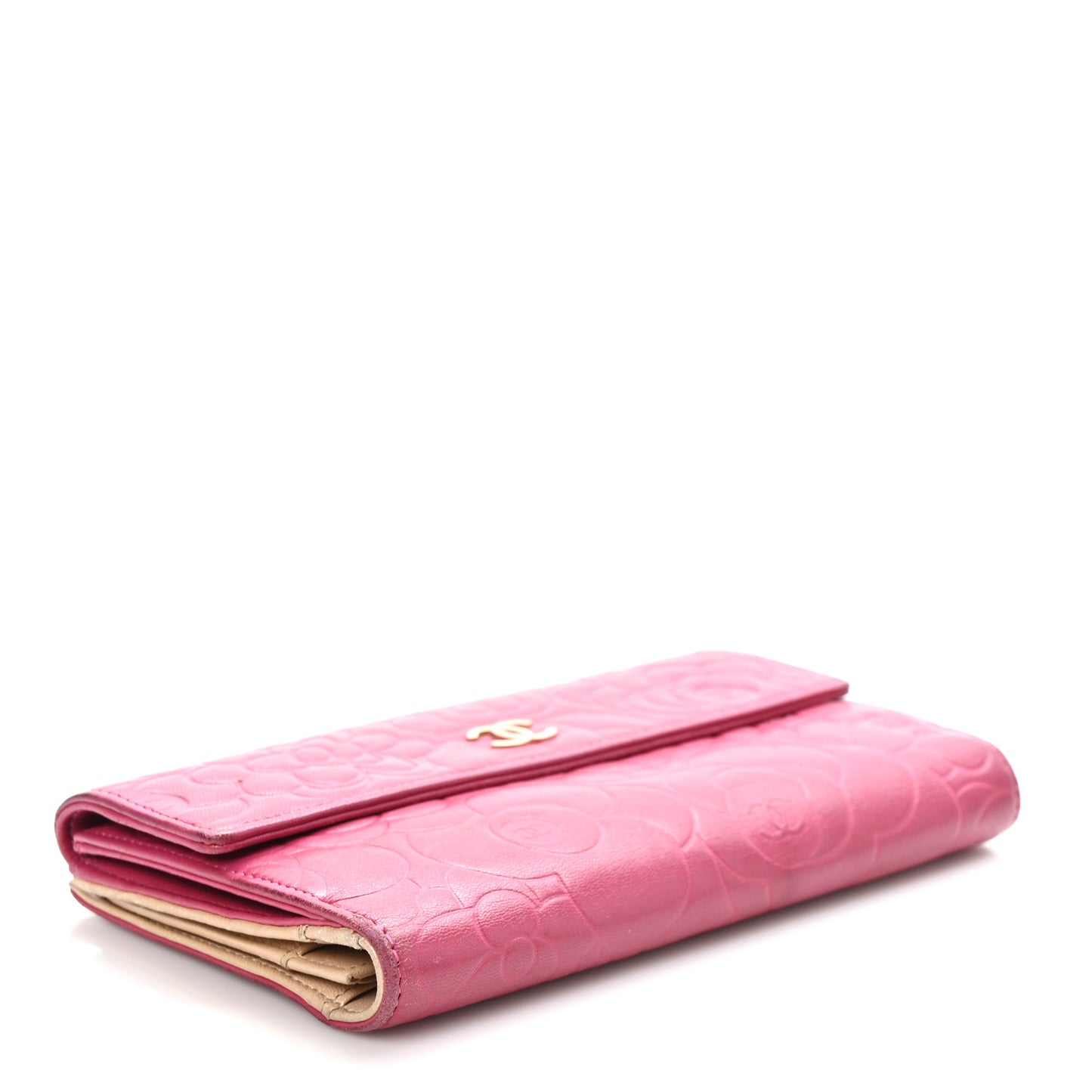 Lambskin Embossed Camellia Large Gusset Flap Wallet Pink