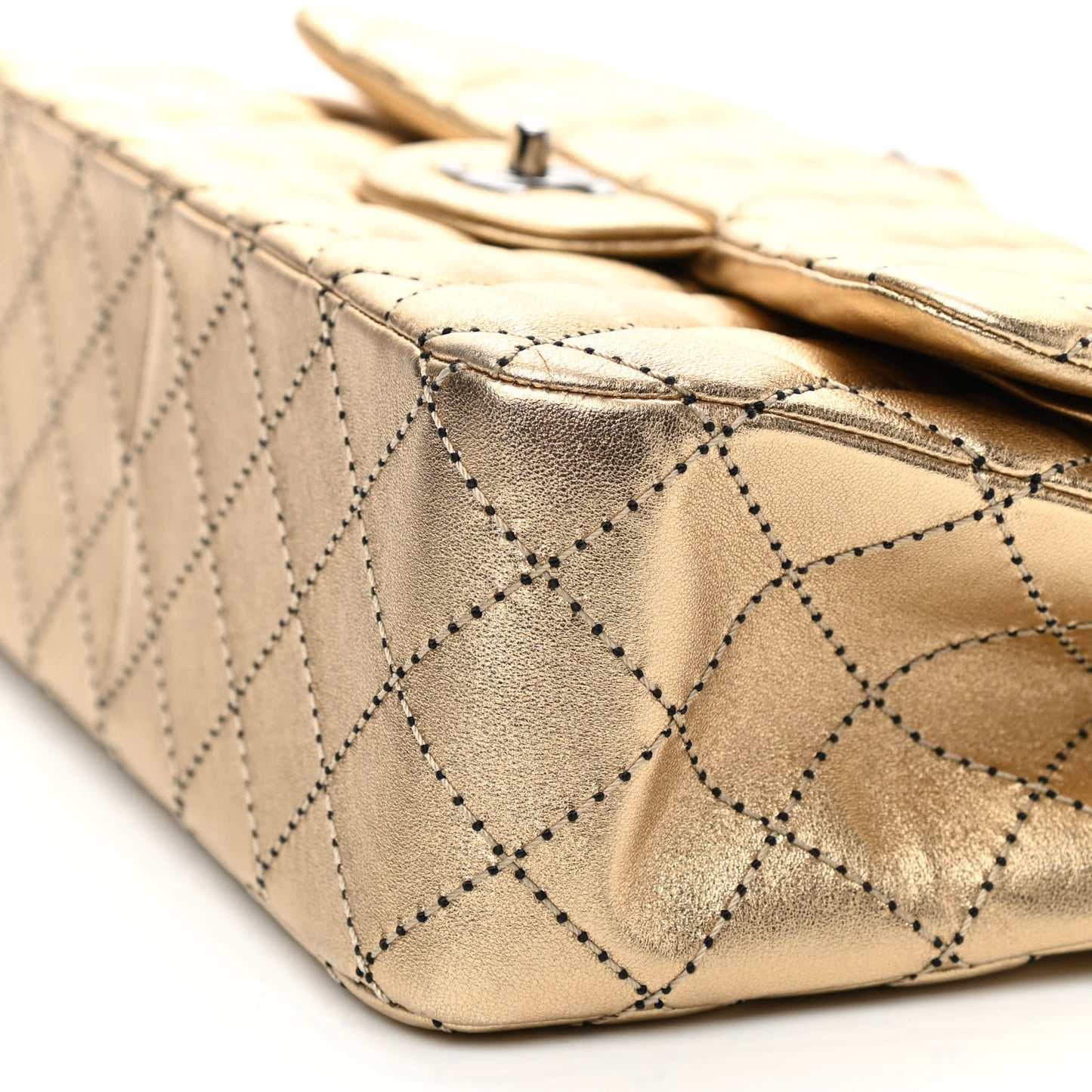 Metallic Washed Lambskin Quilted Jumbo Double Flap Dark Gold