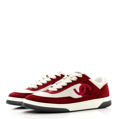 Chanel Suede Kidskin Womens CC Sneakers 38 Burgundy White 3 of 9