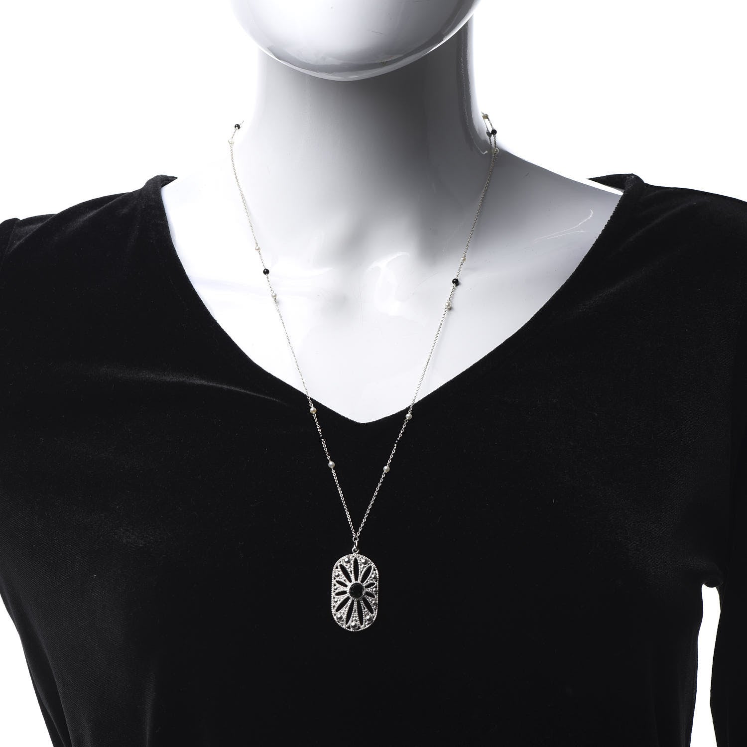 Tiffany Sterling Silver Black Onyx Pearl Ziegfeld Daisy Pendant Necklace 2 of 6