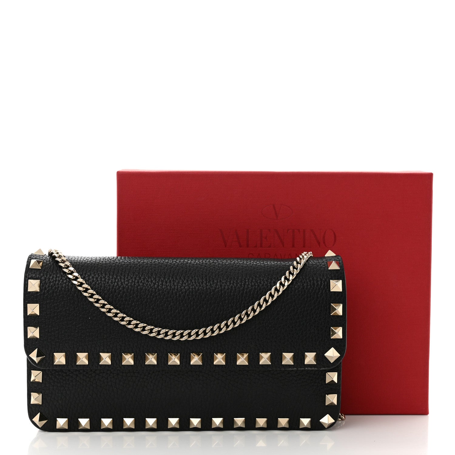 Valentino Garavani Pebbled Calfskin Rockstud Flap Wallet On Chain Black 12 of 12
