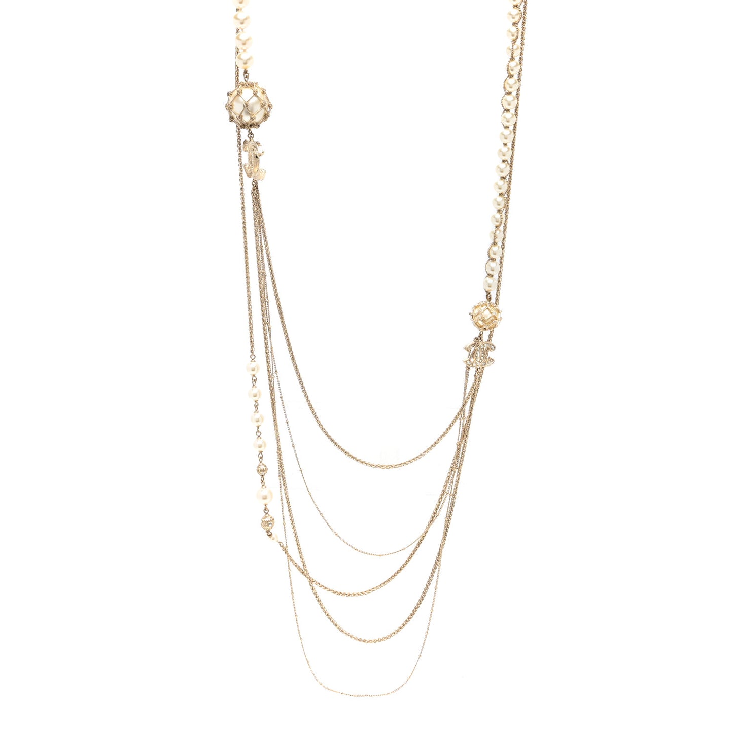 Pearl Caged CC Multi Strand Long Necklace Gold