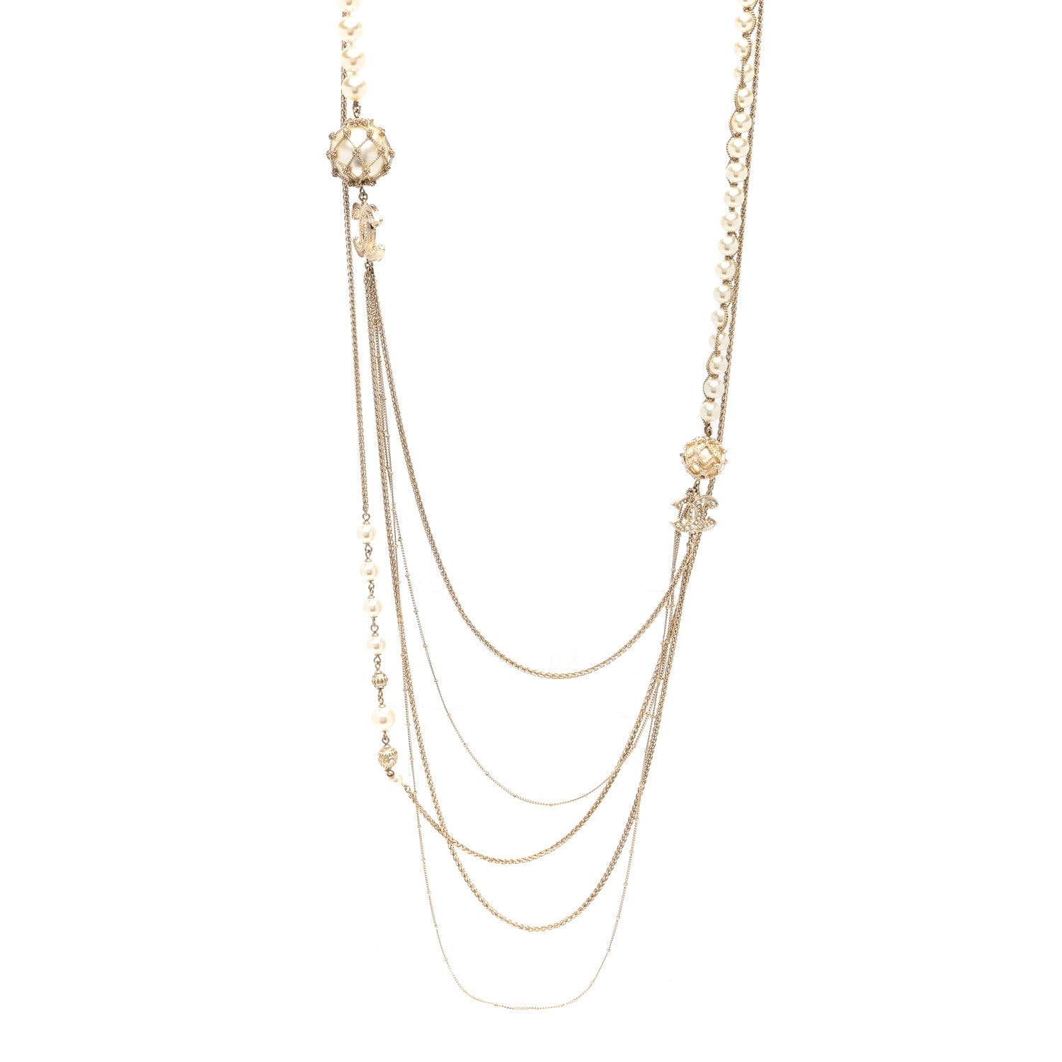 Chanel Pearl Caged CC Multi Strand Long Necklace Gold 1 of 5