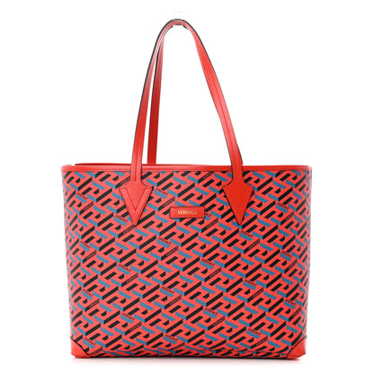 Versace Coated Canvas Calfskin La Greca Signature Shopper Tote Bag Blue Red 3 of 13