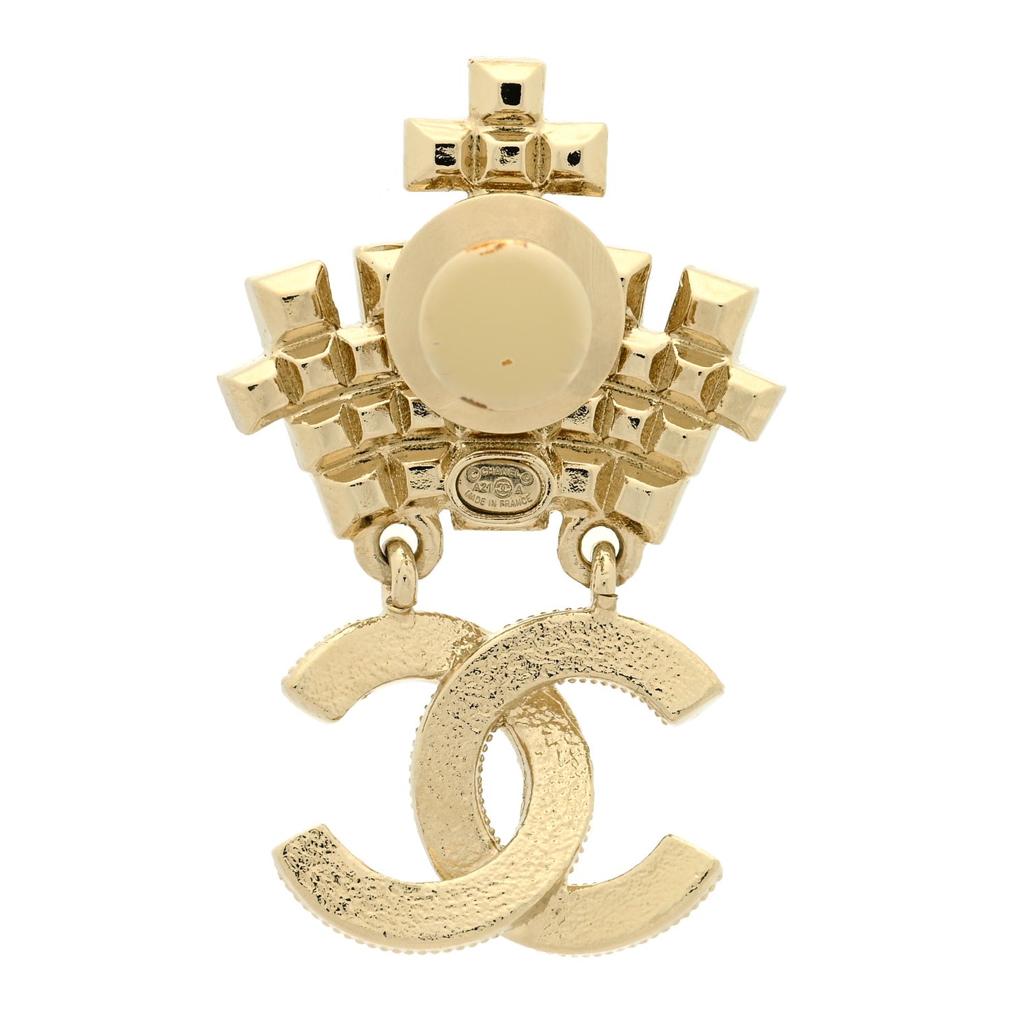 Pearl Crystal CC Crown Brooch Gold