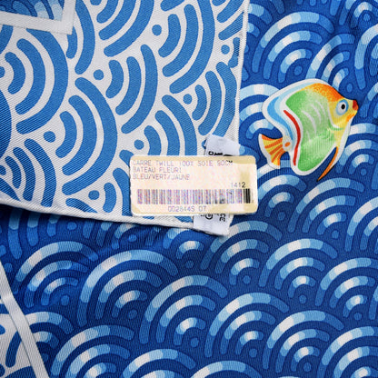 Hermes Silk Bateau Fleuri Scarf 90 Bleu Vert Jaune 7 of 7