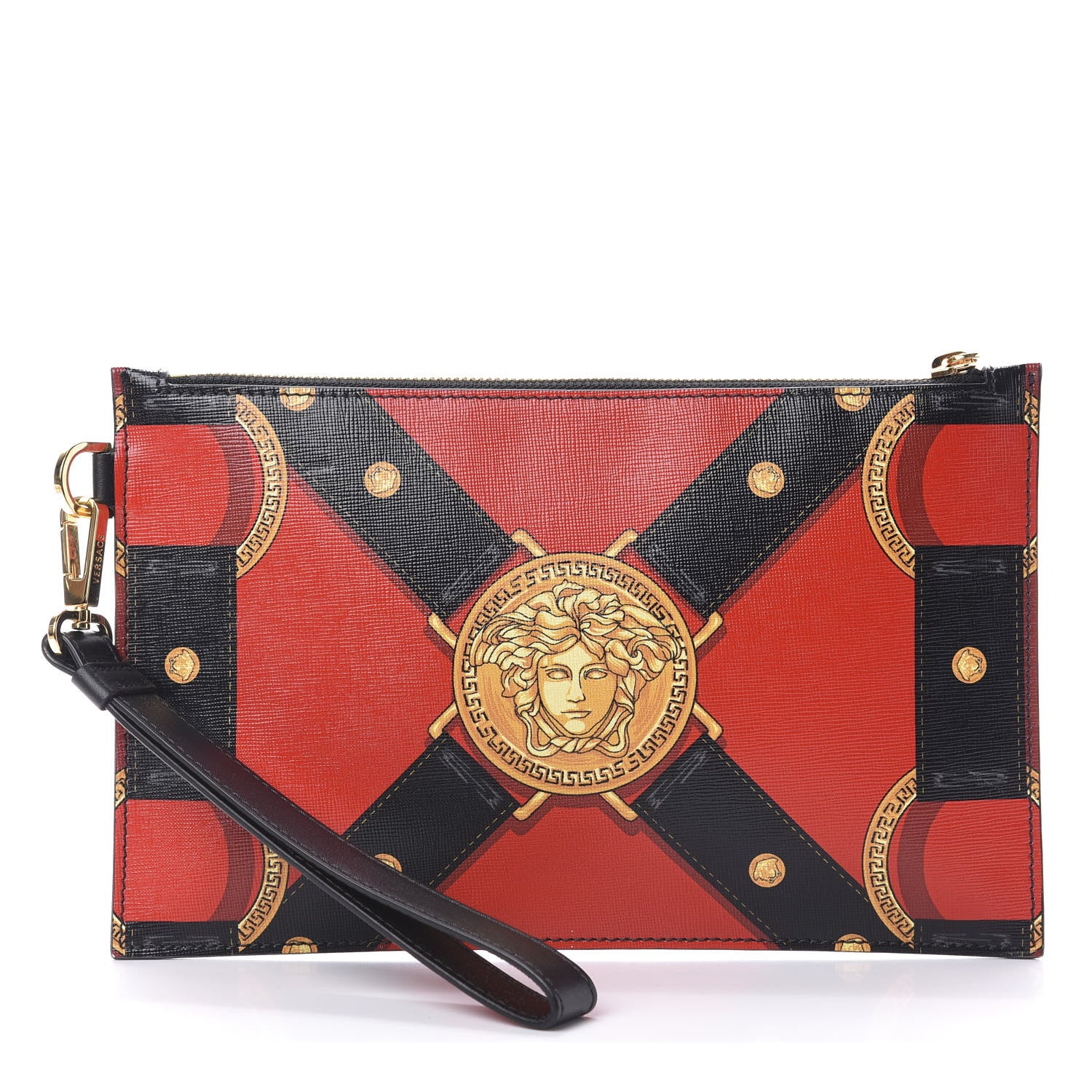 Versace Vitello Saffiano Print Tribute Wristlet Pouch Red Multicolor 1 of 6