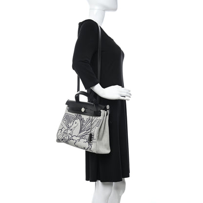 Hermes Vache Hunter Toile H Pegase Pop Herbag Zip Retourne 31 PM Bleu Indigo Ecru Black 2 of 10