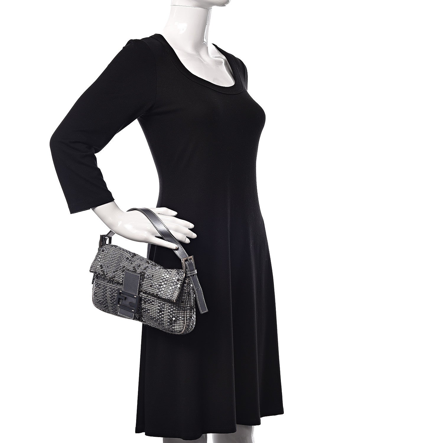 Fendi Metallic Lambskin Woven Baguette Light Grey 2 of 19