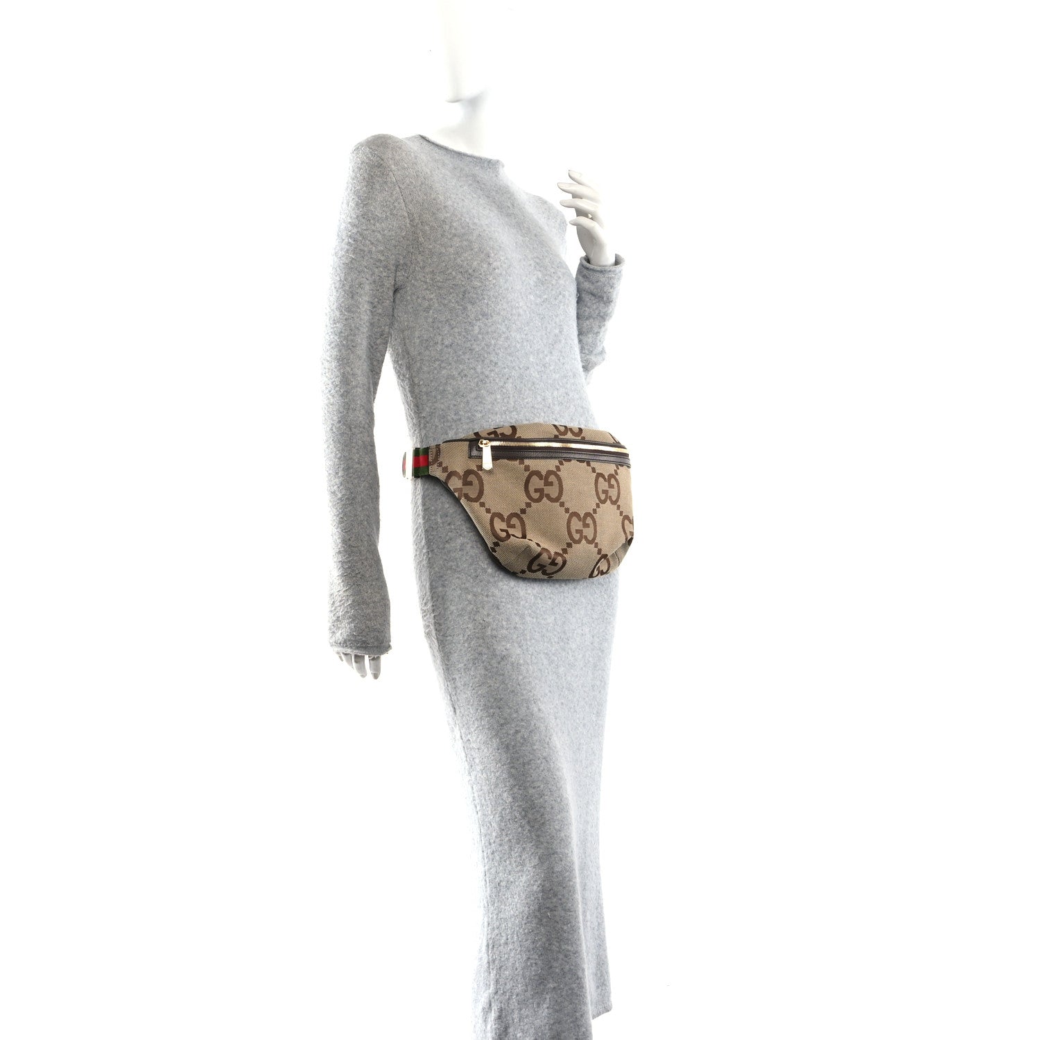 Gucci Monogram Jumbo GG Textured Dollar Calfskin Web Belt Bag Camel Ebony New Acero 2 of 10