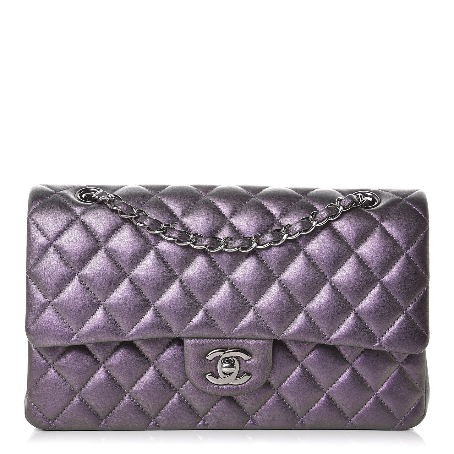 Iridescent Lambskin Quilted Medium Double Flap Dark Purple