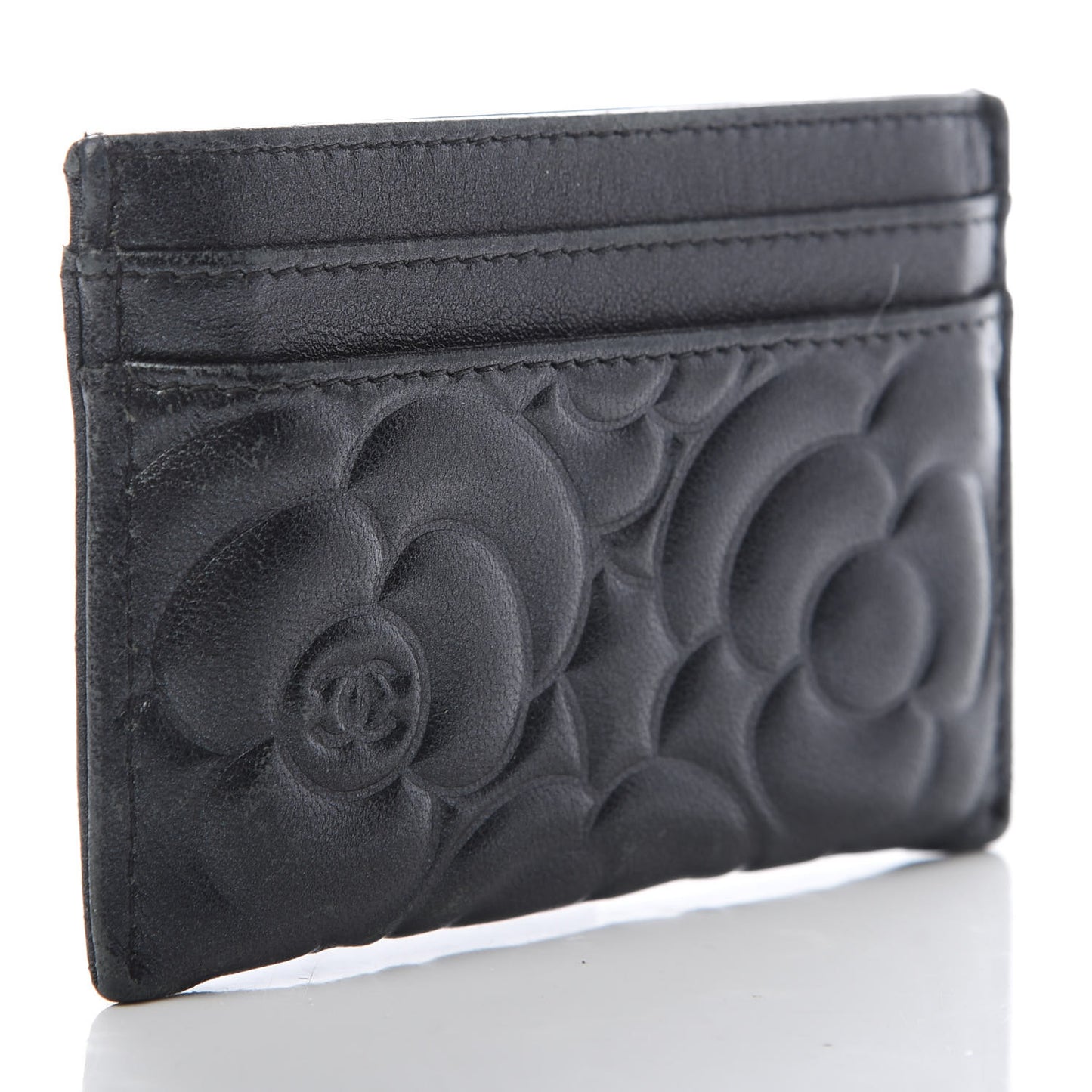 Lambskin Camellia Embossed Card Holder Black