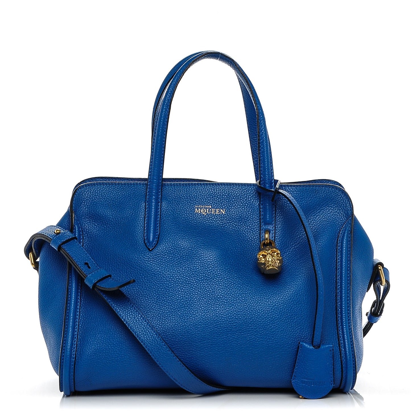 Pebbled Calfskin Small Skull Padlock Zip Around Tote Bright Blue