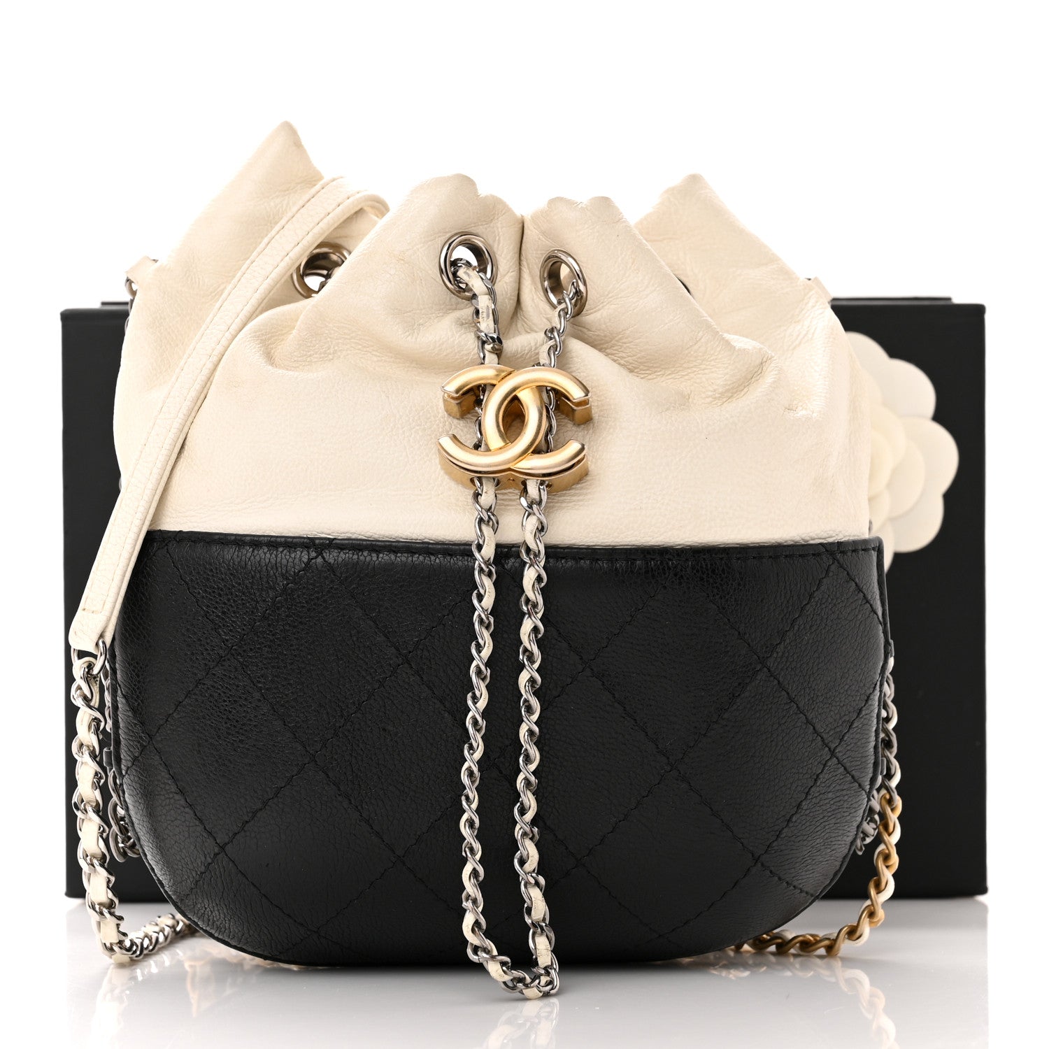 Chanel Aged Calfskin Quilted Small Gabrielle Bucket White Black 12 of 12