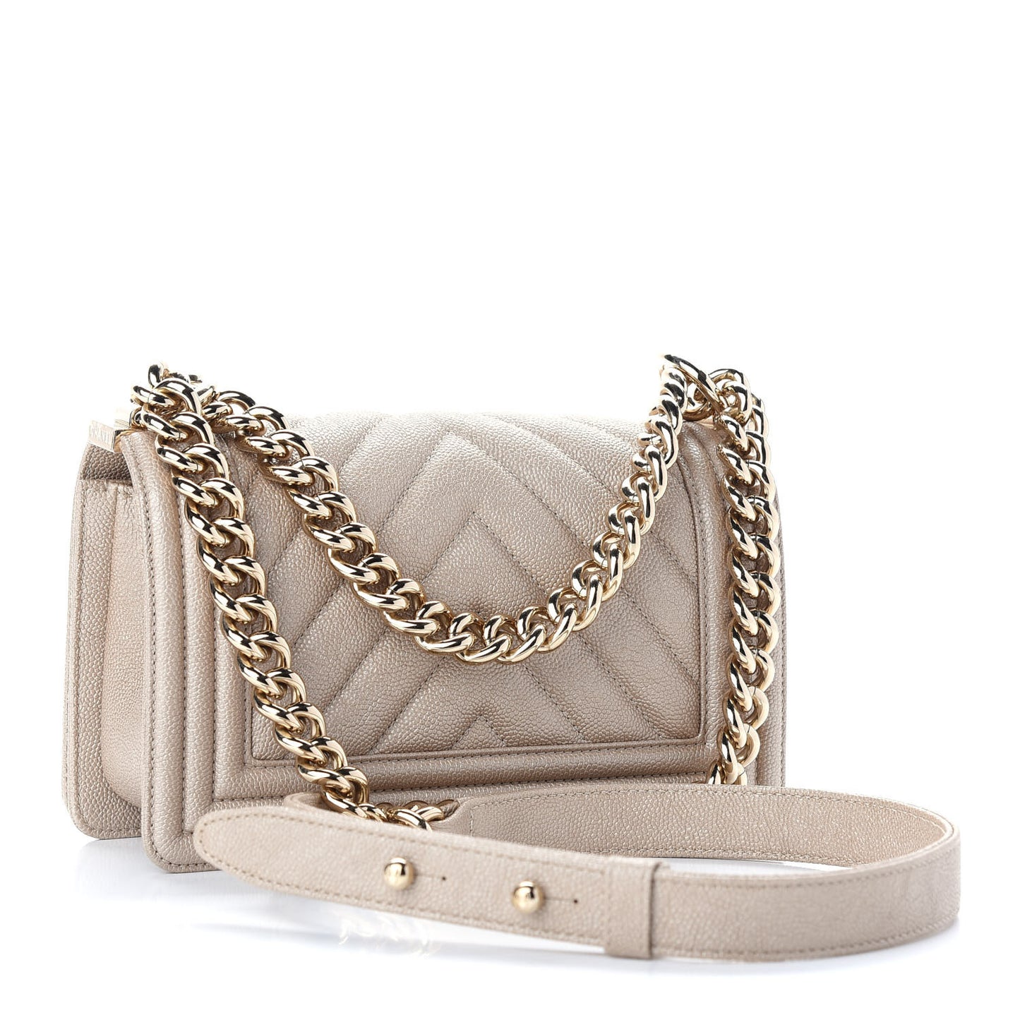 Iridescent Caviar Chevron Quilted Small Boy Flap Beige
