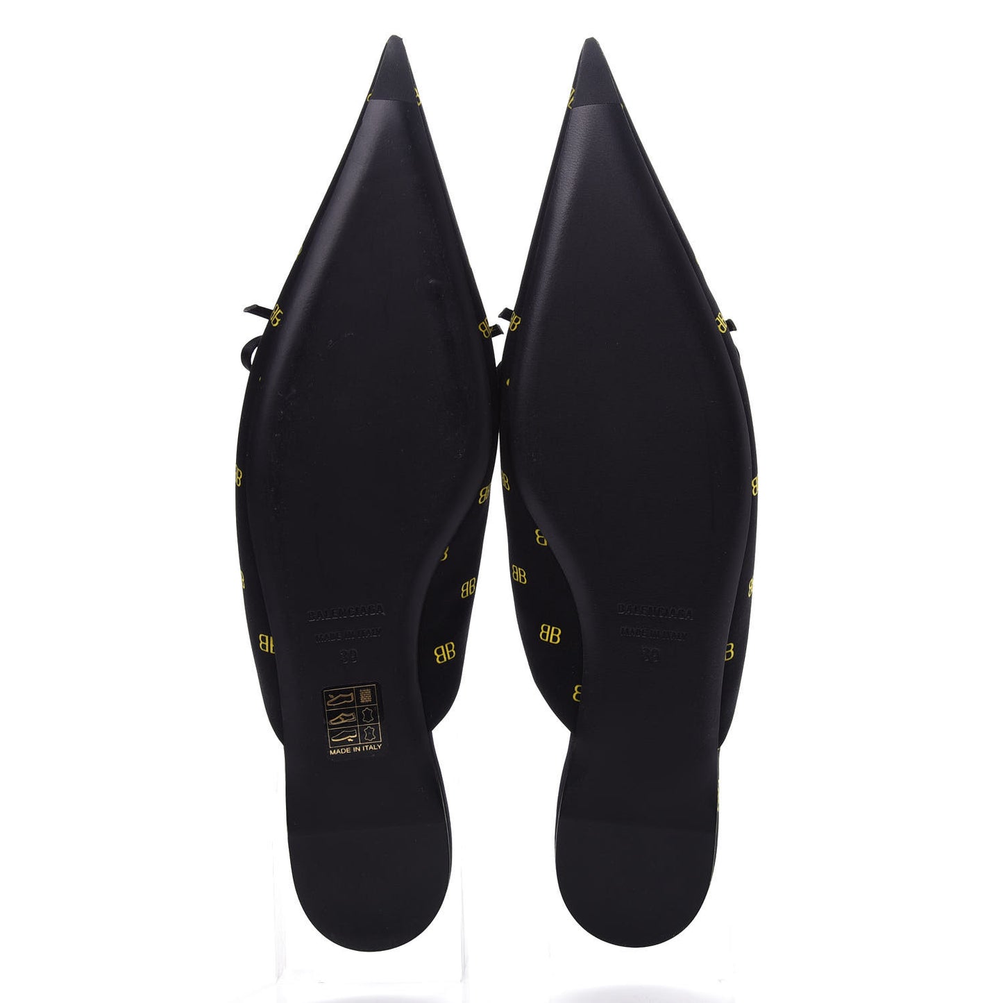 Crepe Satin BB Printed Pointy Toe Knife Flat Mules 39 Black Yellow Fluo