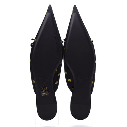 Balenciaga Crepe Satin BB Printed Pointy Toe Knife Flat Mules 39 Black Yellow Fluo 6 of 11