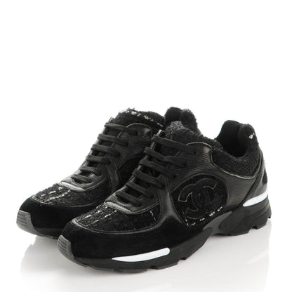 Chanel Suede Tweed Goatskin CC Sneakers 35.5 Black 3 of 7