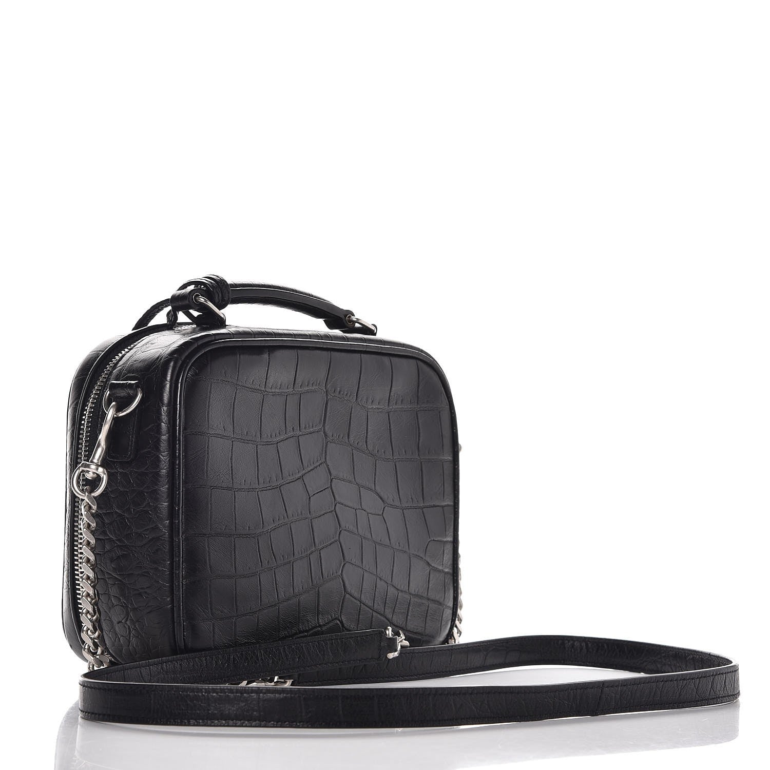 Saint Laurent Calfskin Croc Embossed Monogram Lunch Box Bag Black 3 of 6