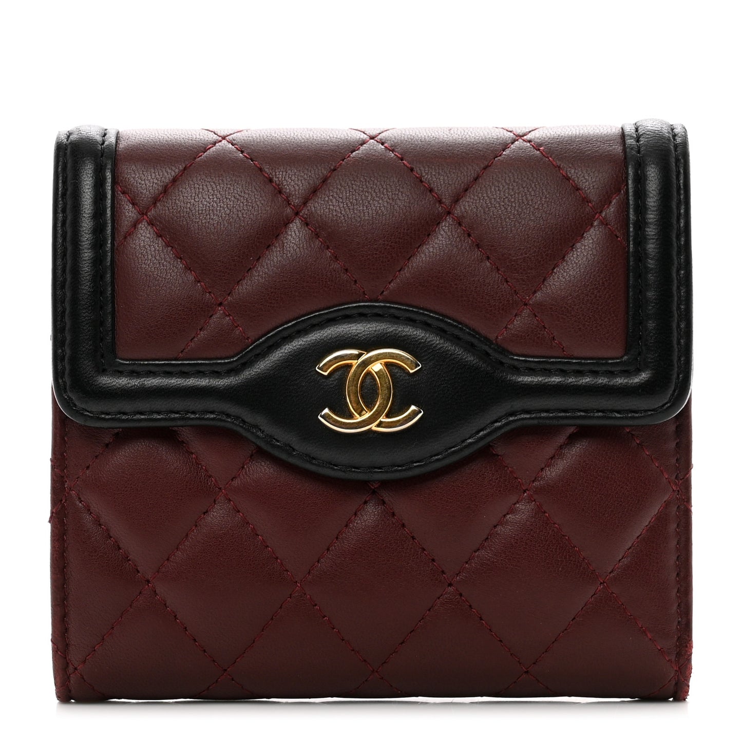 Lambskin Quilted Two Tone Day Compact Flap Wallet Burgundy