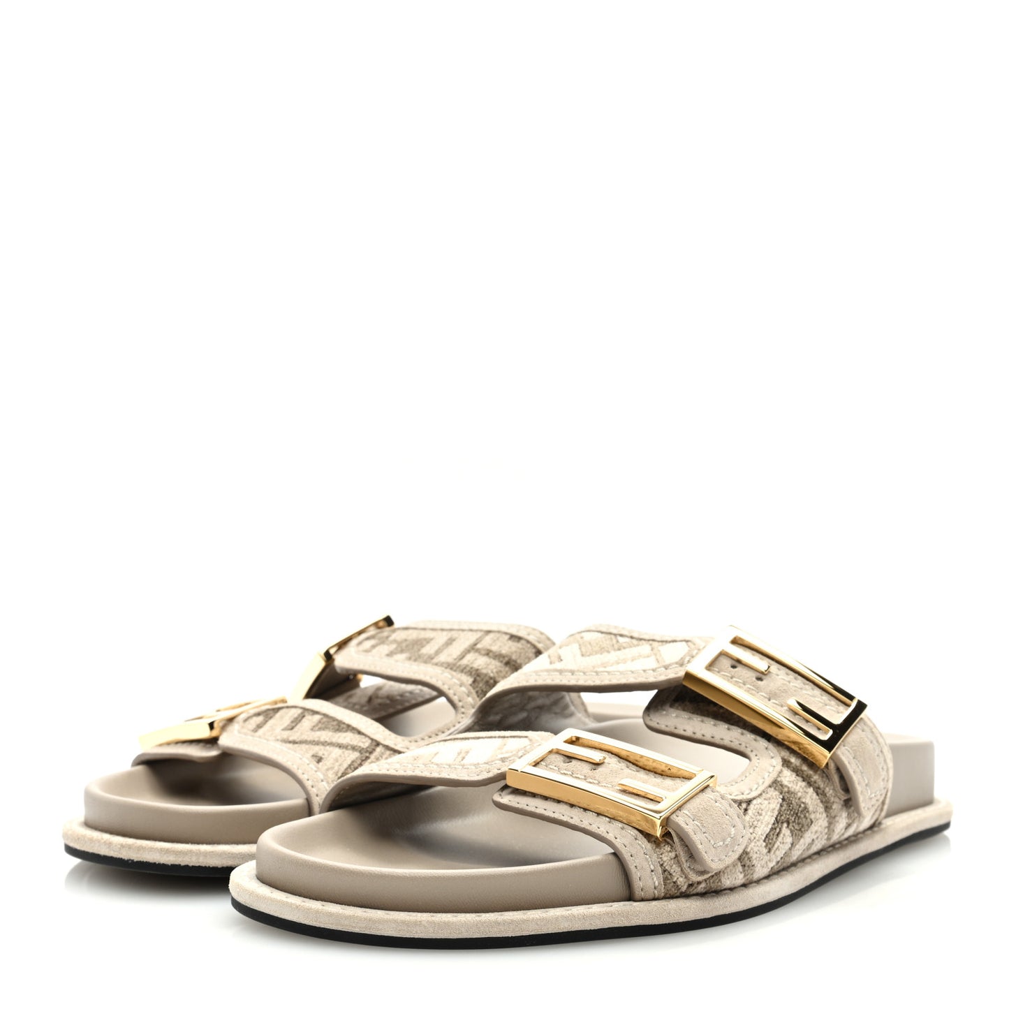 Chenille Fabric Jacquard Suede FF Womens Fendi Feel Buckled Slide Sandals 37 Tortora Nuvola Rock