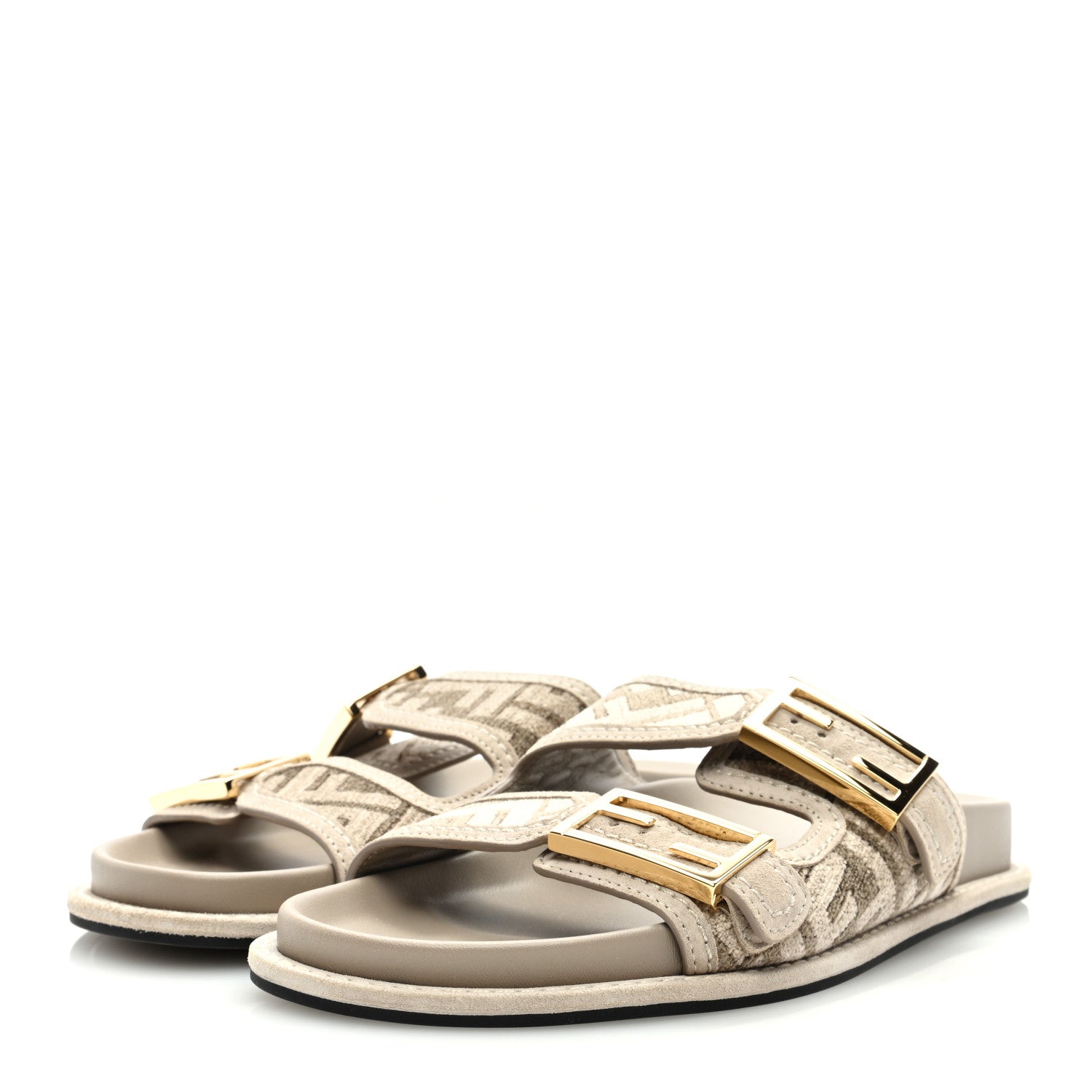 Fendi Chenille Fabric Jacquard Suede FF Womens Fendi Feel Buckled Slide Sandals 37 Tortora Nuvola Rock 2 of 7