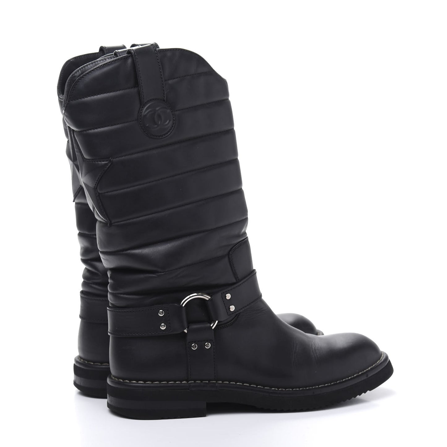 Calfskin Star Quilted Biker Boots 38 Black