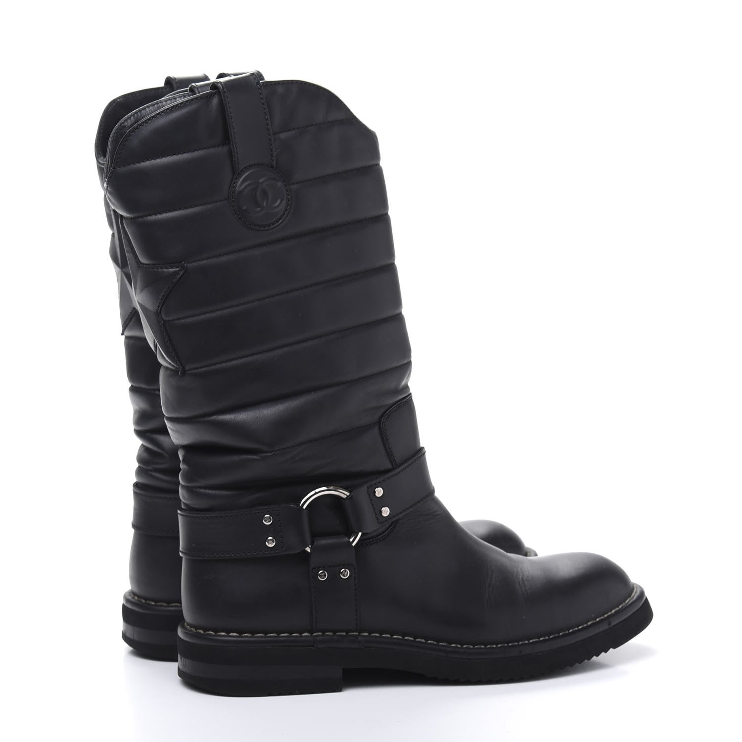 Chanel Calfskin Star Quilted Biker Boots 38 Black 5 of 9
