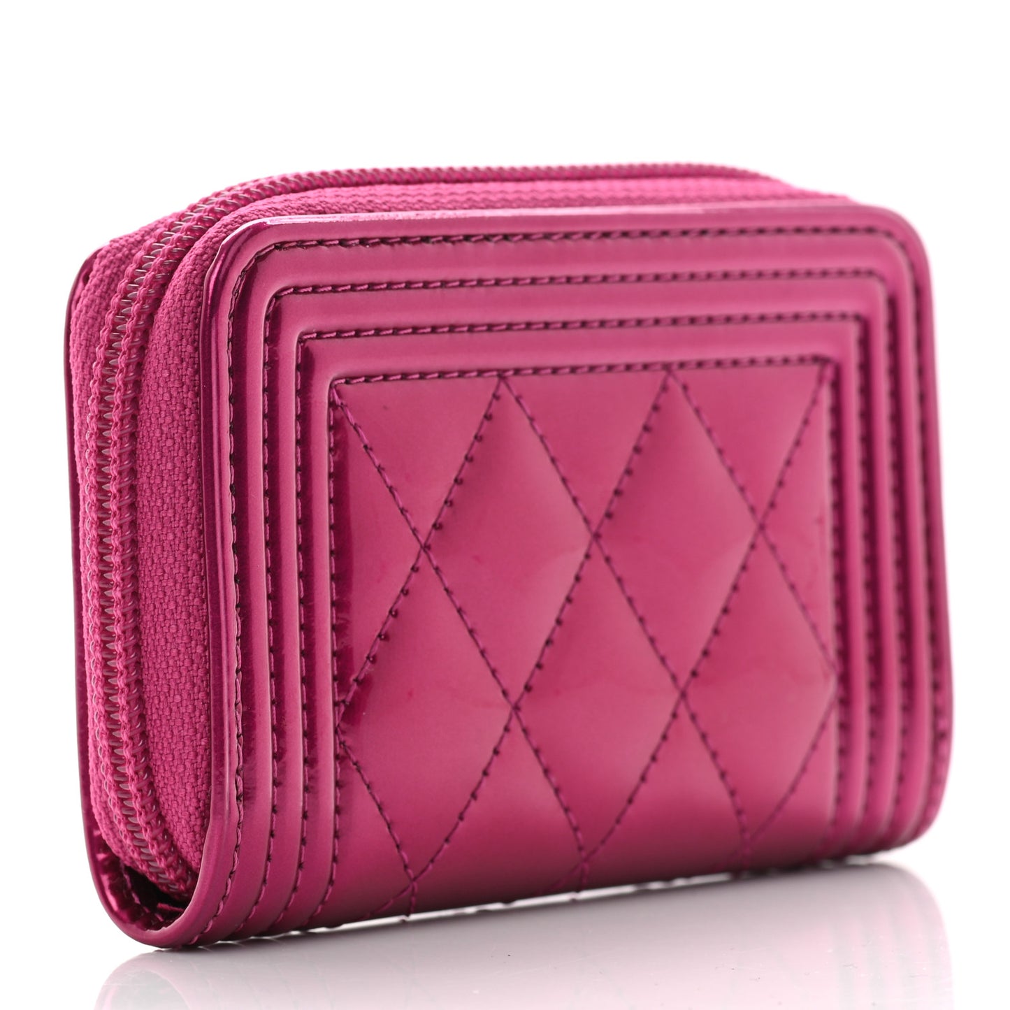 Metallic Patent Quilted Zip Around Boy Coin Purse Wallet Fuchsia