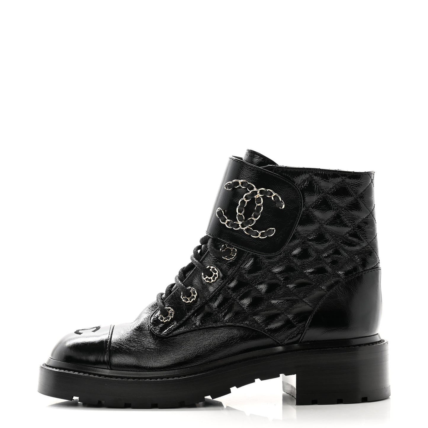 Shiny Calfskin Quilted Lace Up Combat Boots 38.5 Black