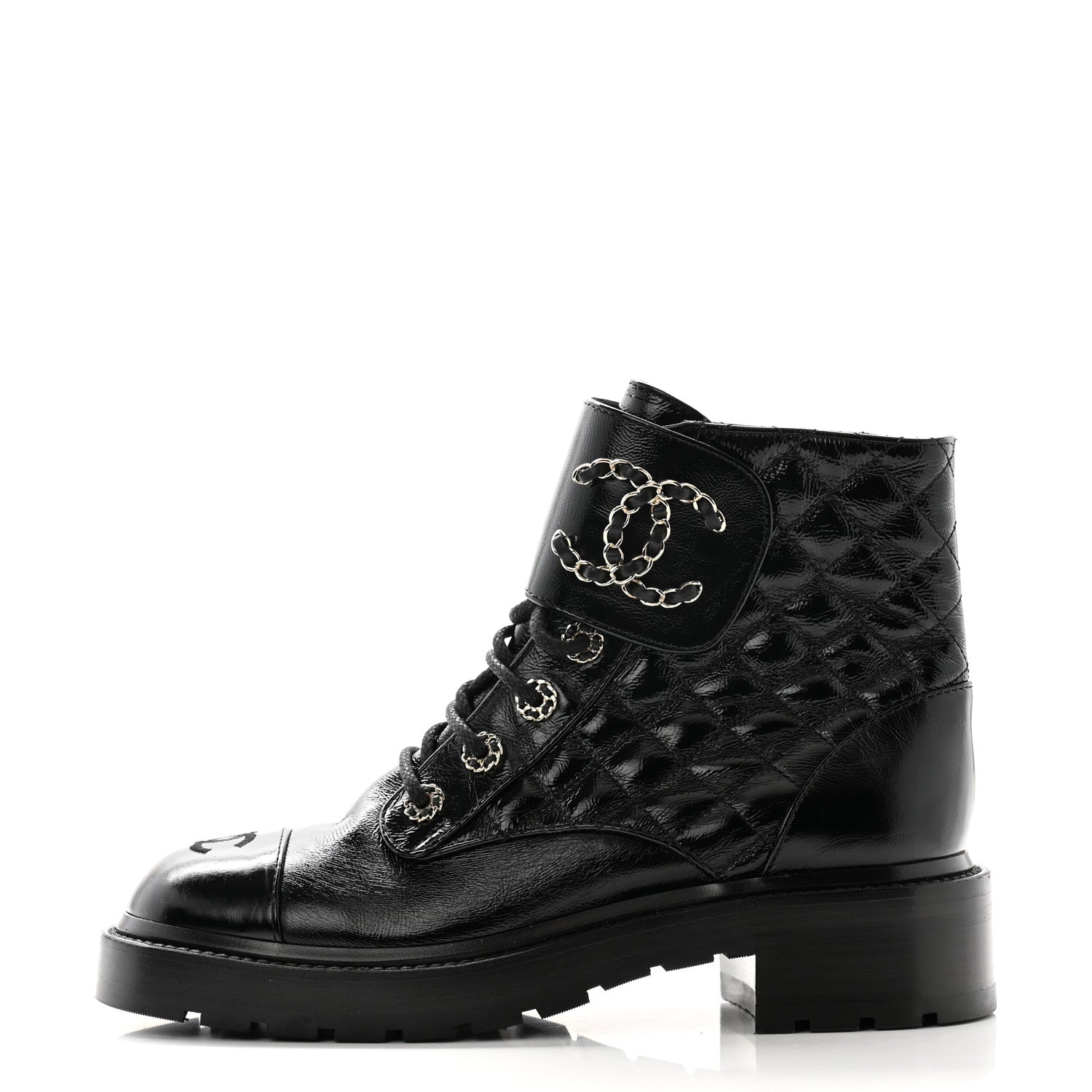 Chanel Shiny Calfskin Quilted Lace Up Combat Boots 38.5 Black 1 of 8