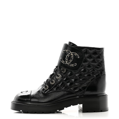 Chanel Shiny Calfskin Quilted Lace Up Combat Boots 38.5 Black 1 of 8
