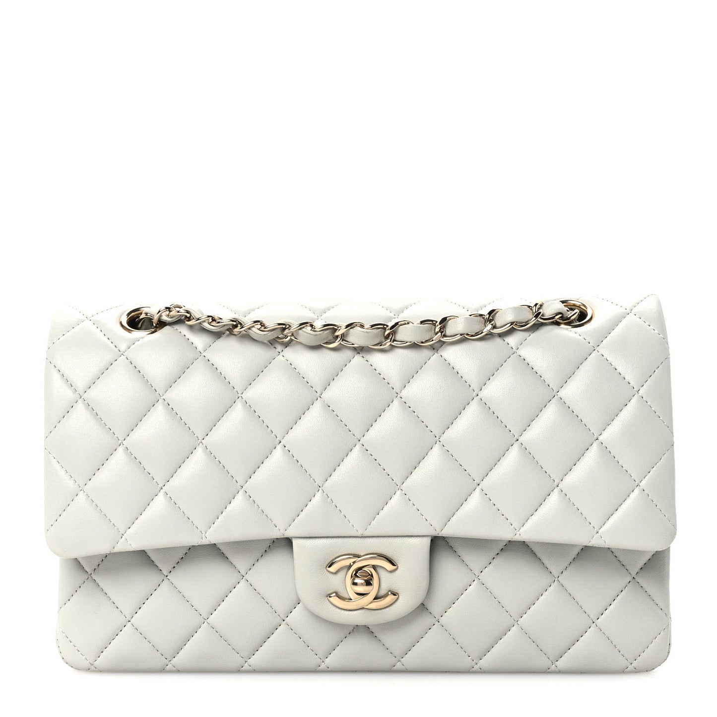 Lambskin Quilted Medium Double Flap Light Grey