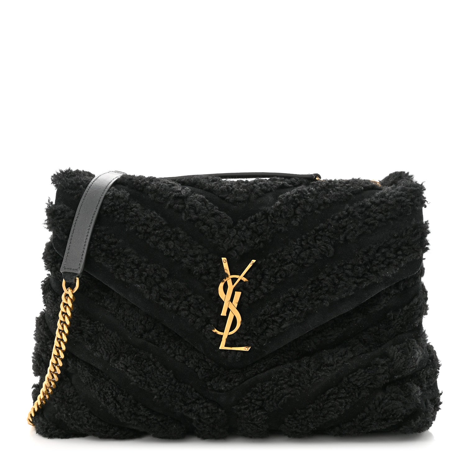 Saint Laurent Shearling Y Quilted Monogram Medium Loulou Chain Satchel Black 1 of 10
