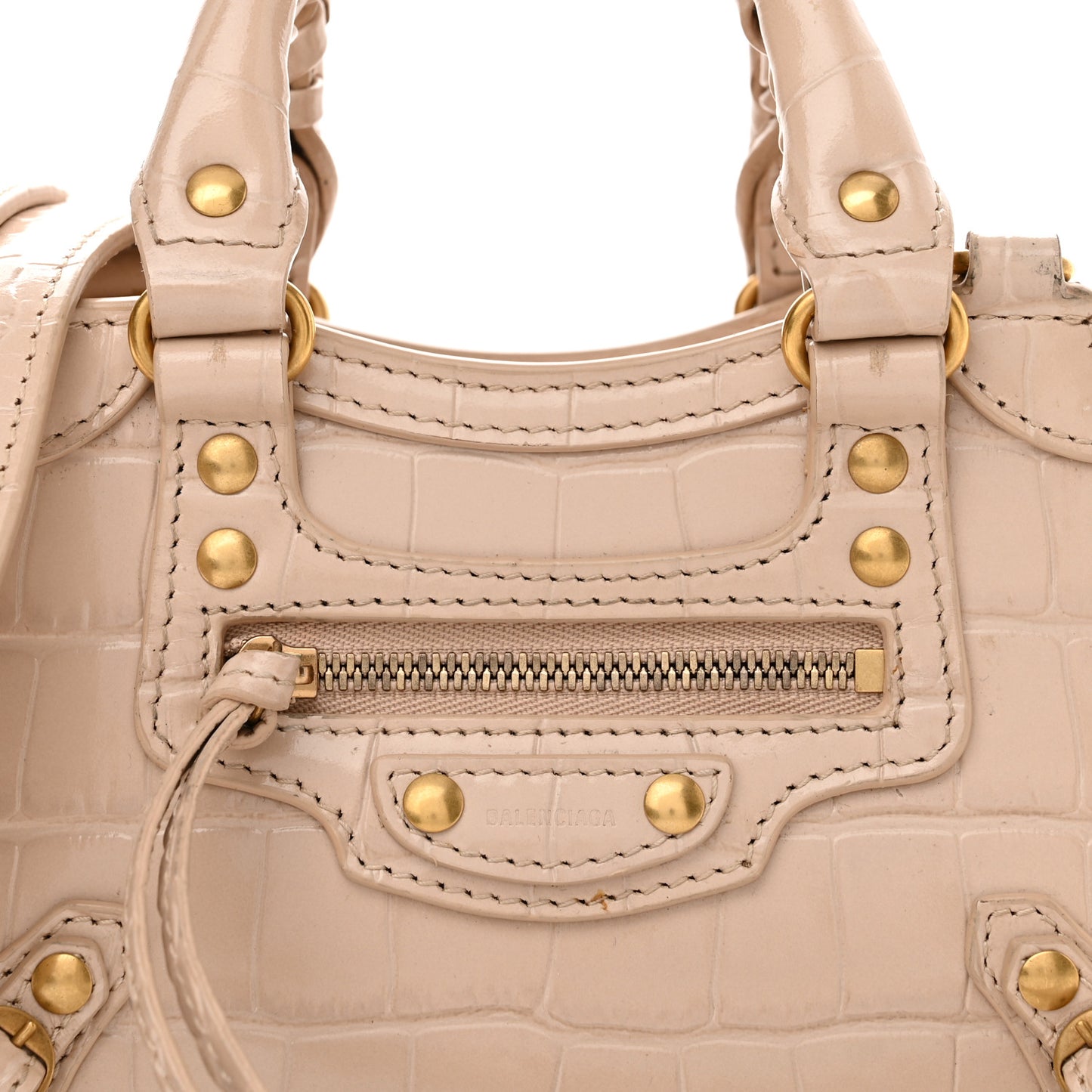 Shiny Supple Calfskin Crocodile Embossed Neo Classic Gold Hardware Nano City Crossbody Light Beige