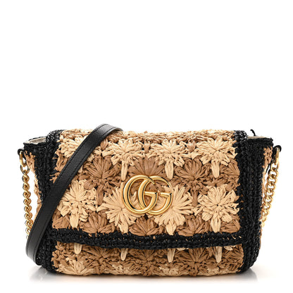 Gucci Raffia Azalea Calfskin Crochet Flower Small GG Marmont Shoulder Bag Natural Ecru Black 1 of 11