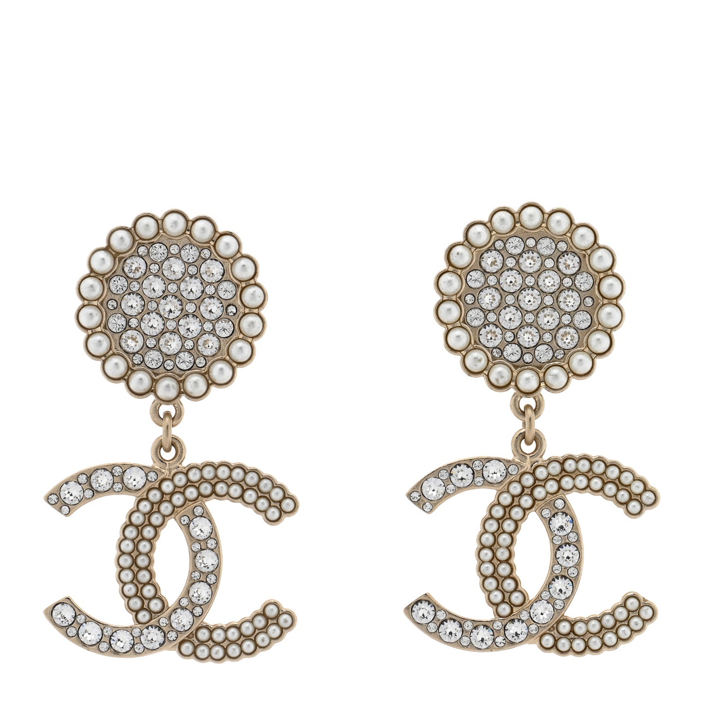 Crystal Pearl CC Drop Round Earrings Gold