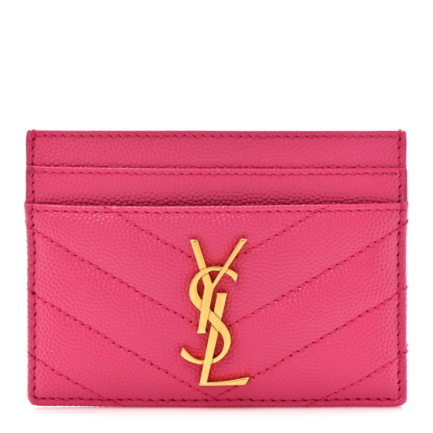 Saint Laurent Grain De Poudre Matelasse Chevron Monogram Credit Card Case Fresh Fuxia 1 of 8