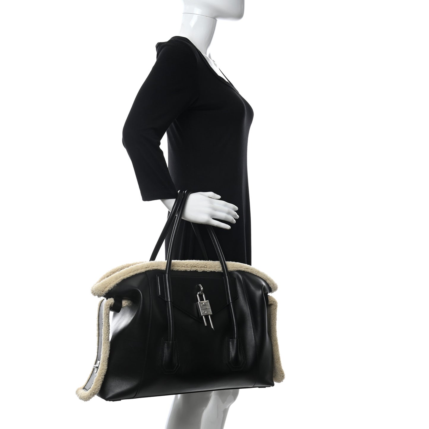 Shearling Calfskin Medium Soft Lock Antigona Shoulder Bag Black Natural