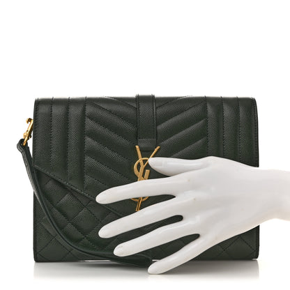 Saint Laurent Grain De Poudre Textured Mixed Matelasse Triquilt Monogram Clutch Vert Fonce 2 of 7