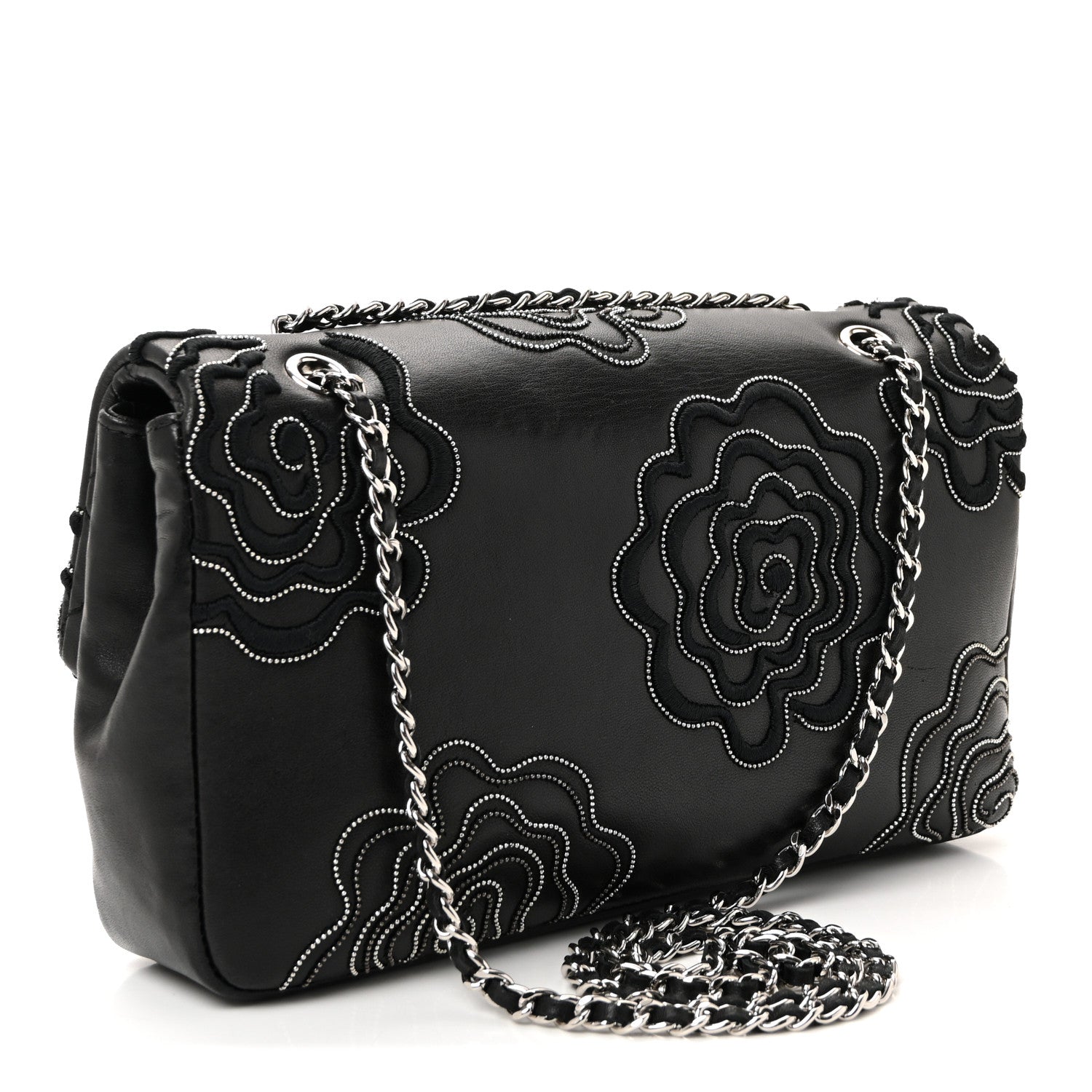 Chanel Lambskin Embroidered Camellia Follies Flap Black 1808238