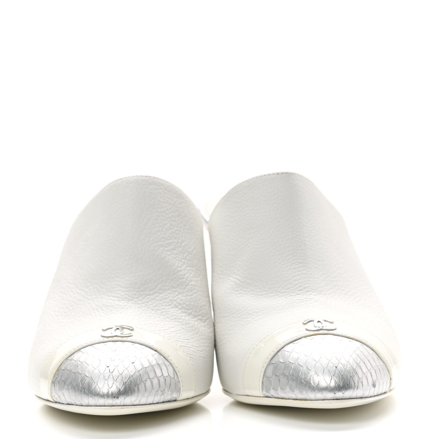 Grained Calfskin Snakeskin Cap Toe Mules 37.5 Ivory Silver