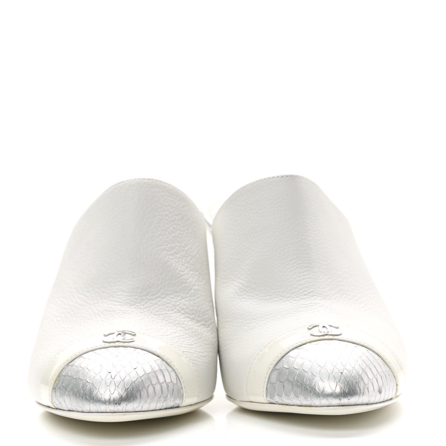 Chanel Grained Calfskin Snakeskin Cap Toe Mules 37.5 Ivory Silver 2 of 8