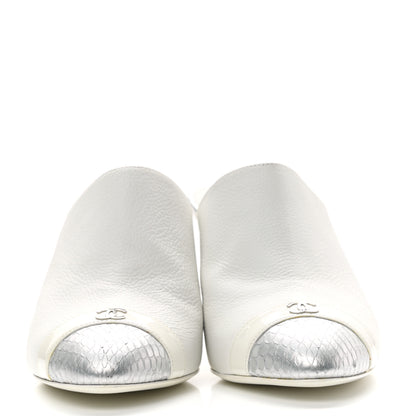 Chanel Grained Calfskin Snakeskin Cap Toe Mules 37.5 Ivory Silver 2 of 8