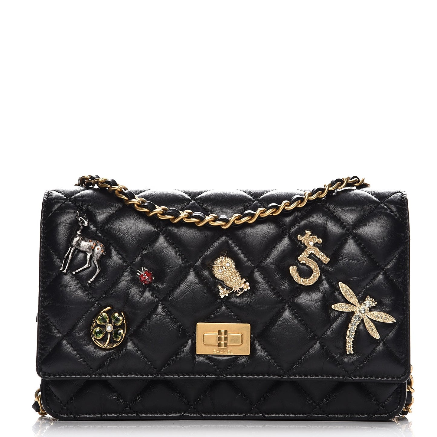 Aged Calfskin Quilted Lucky Charms 2.55 Reissue Wallet On Chain WOC Black
