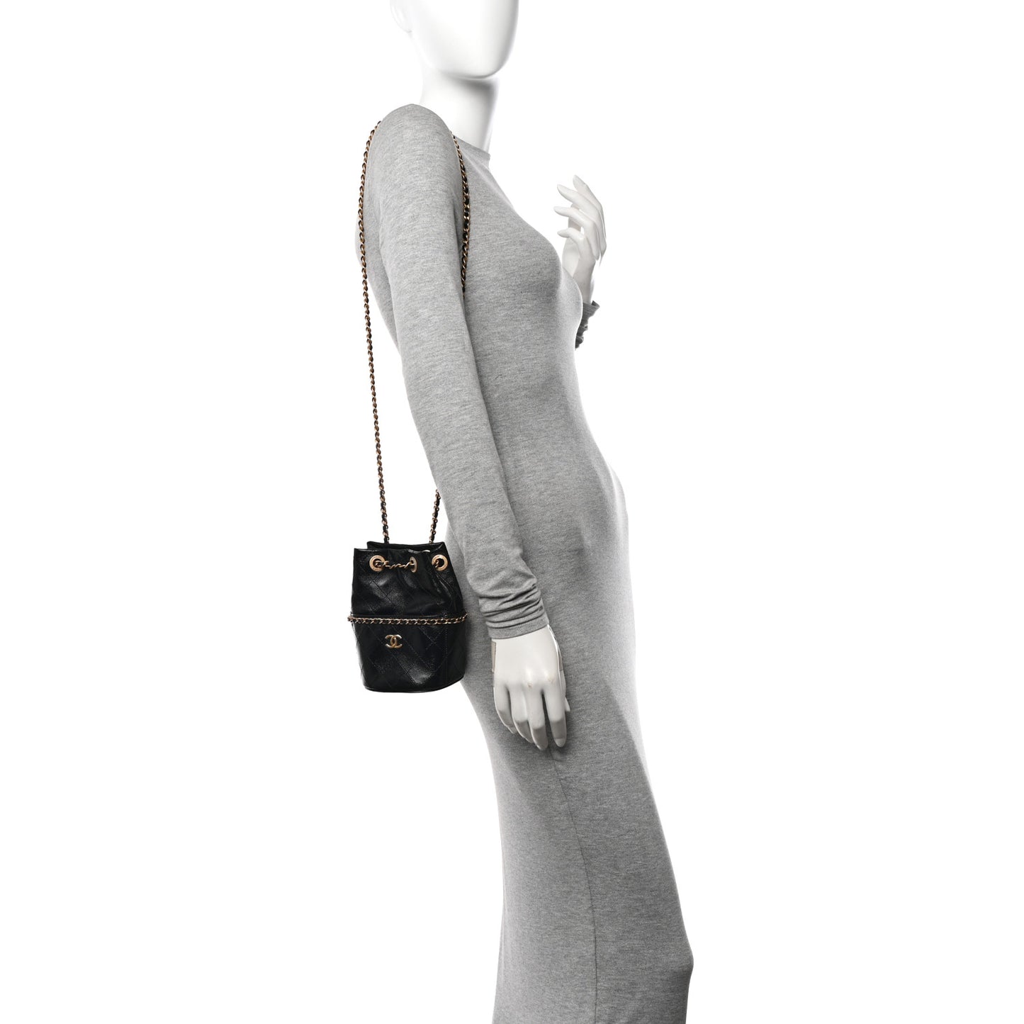 Shiny Lambskin Quilted Nauticoco Bucket Bag Black